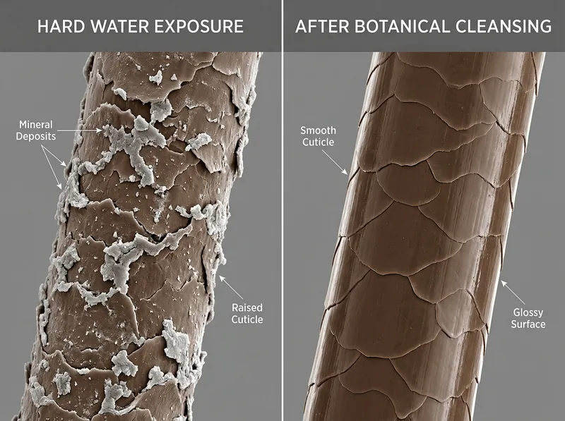 Before and after comparison showing hair shaft with mineral deposits versus clean hair shaft after rosemary shampoo treatment