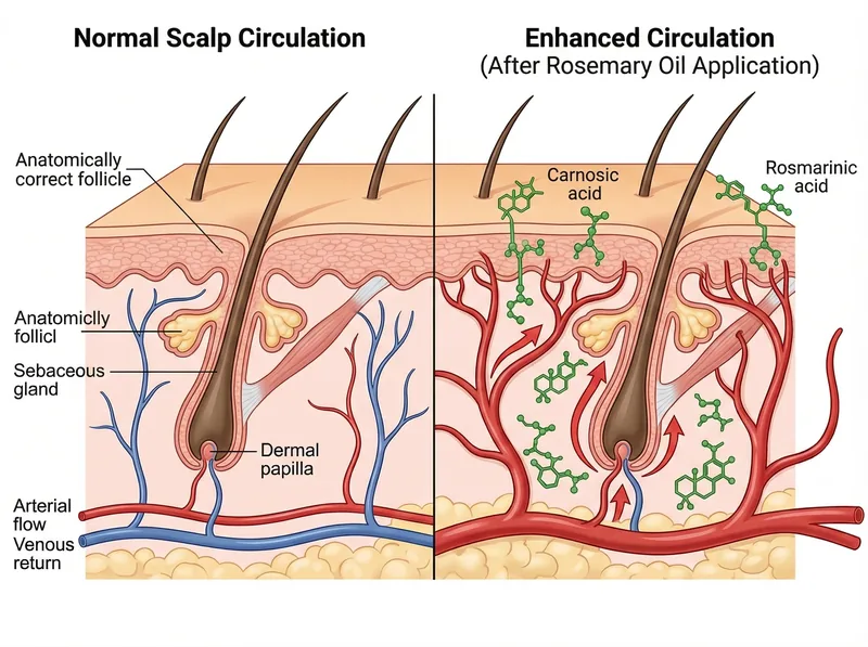 Scientific diagram showing how rosemary oil compounds penetrate scalp tissue and stimulate blood circulation
