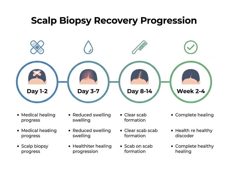 Visual timeline showing scalp biopsy recovery stages from day 1 through week 4 with healing milestones
