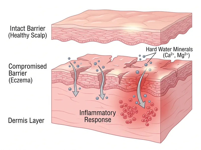 Diagram showing how hard water minerals interact with eczema-compromised scalp barrier
