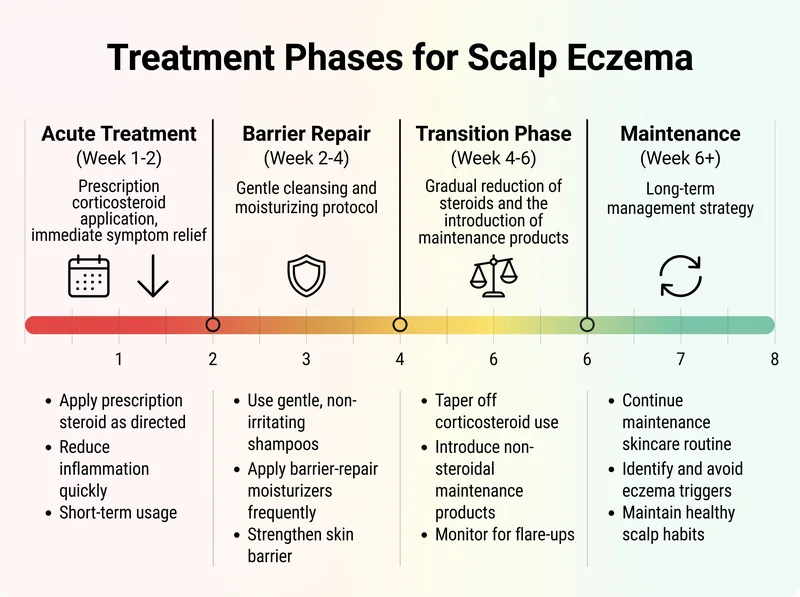 Timeline infographic showing the phases of scalp eczema treatment from initial intervention to maintenance