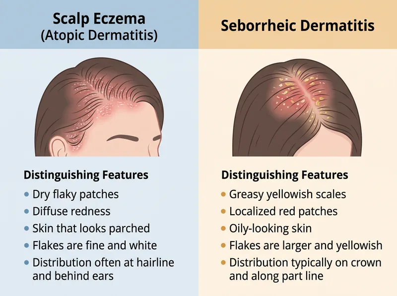 Side-by-side comparison chart showing the visual differences between scalp eczema and seborrheic dermatitis