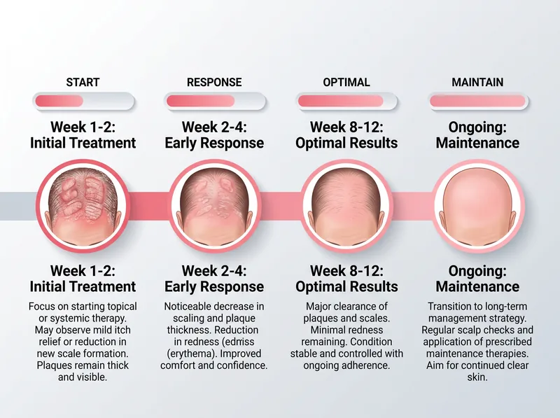 Timeline infographic showing realistic treatment progression for scalp psoriasis from initial treatment through maintenance phase