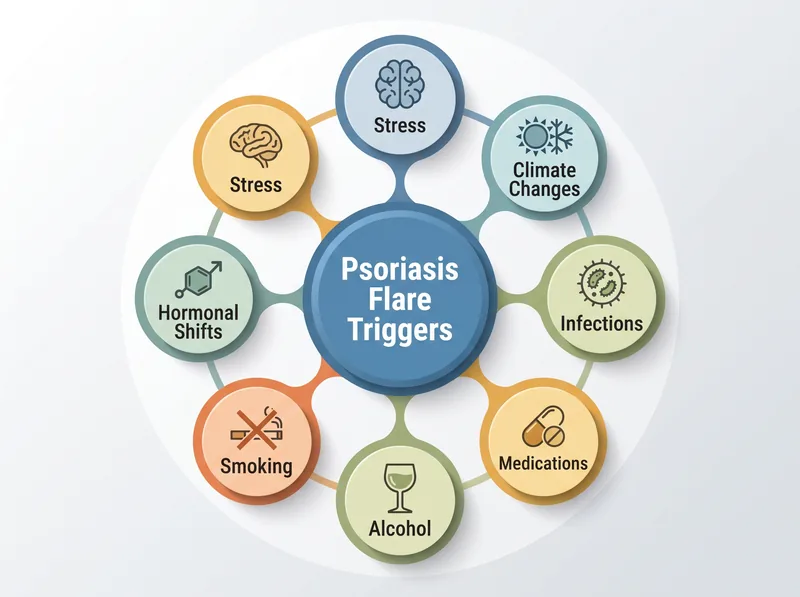 Circular diagram illustrating common environmental and lifestyle triggers that can cause scalp psoriasis flares