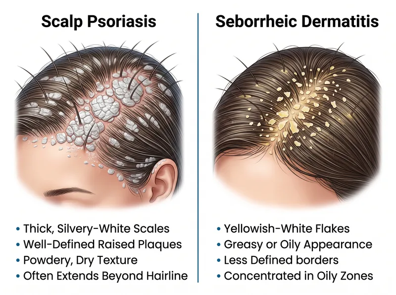 Side-by-side visual comparison chart showing the distinct characteristics of scalp psoriasis versus seborrheic dermatitis