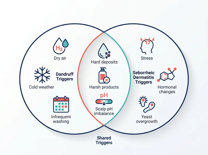 Diagram showing environmental and biological factors that trigger seborrheic dermatitis versus dandruff