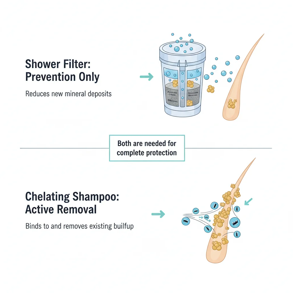 Scientific diagram comparing shower filter prevention mechanism versus chelating shampoo active mineral removal process