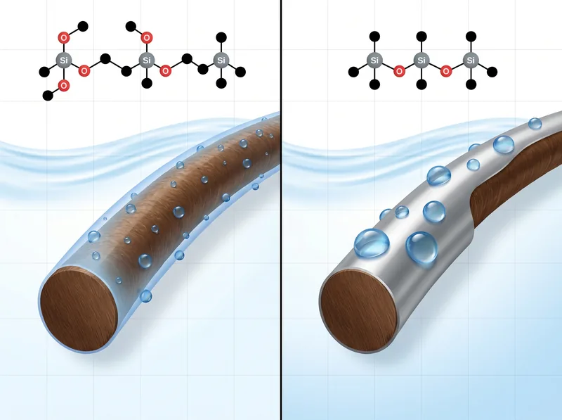 Comparison chart showing water-soluble vs non-water-soluble silicones molecular structures and rinse-off behavior