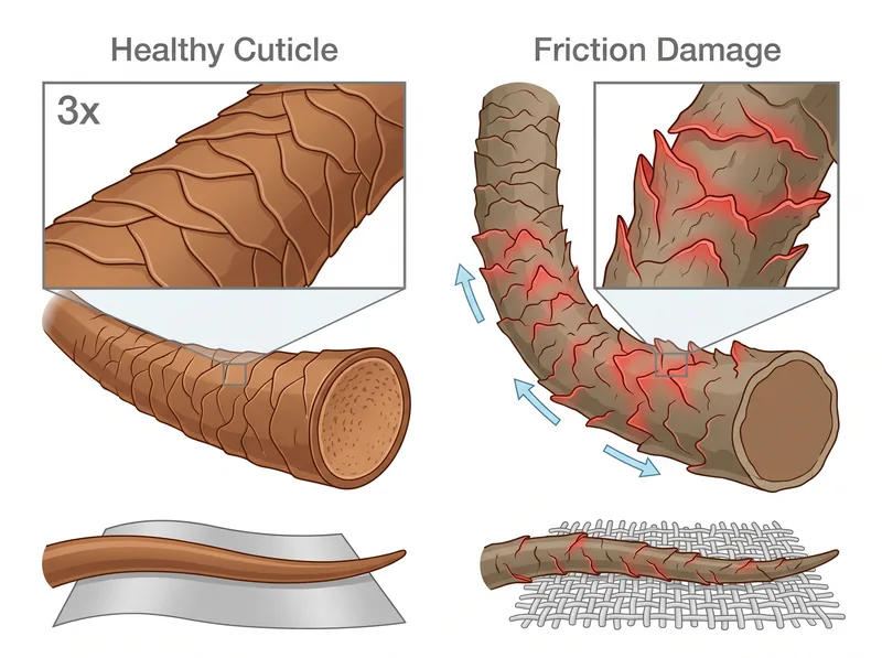 Educational diagram showing hair cuticle damage from friction with magnified view of raised cuticle scales