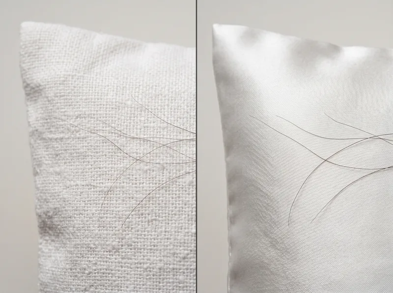 Side-by-side comparison of cotton and silk pillowcases showing fabric weave texture under magnification