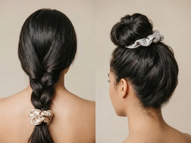 Demonstration of protective nighttime hairstyles including loose braid and silk scrunchie bun