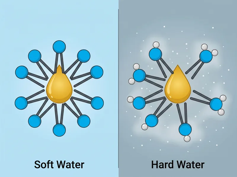Diagram showing how calcium and magnesium ions from hard water bind to surfactant molecules, reducing cleaning effectiveness