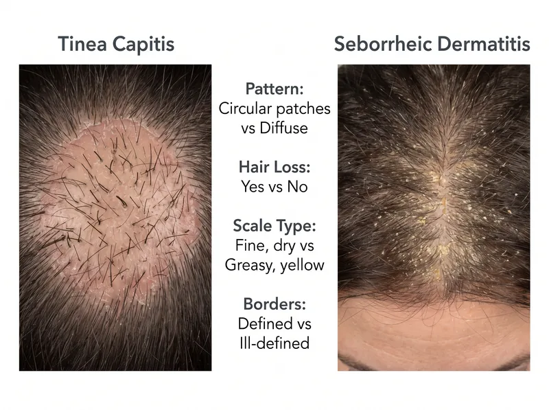 Side-by-side comparison chart showing visual differences between tinea capitis and seborrheic dermatitis on adult scalps