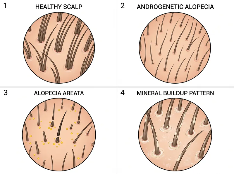 Educational diagram showing four different trichoscopy views comparing healthy follicles, androgenetic alopecia, alopecia areata, and mineral buildup patterns