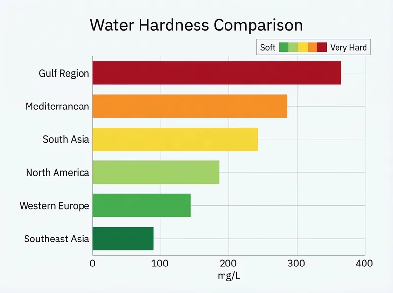 Comparative chart showing water hardness levels across different global regions